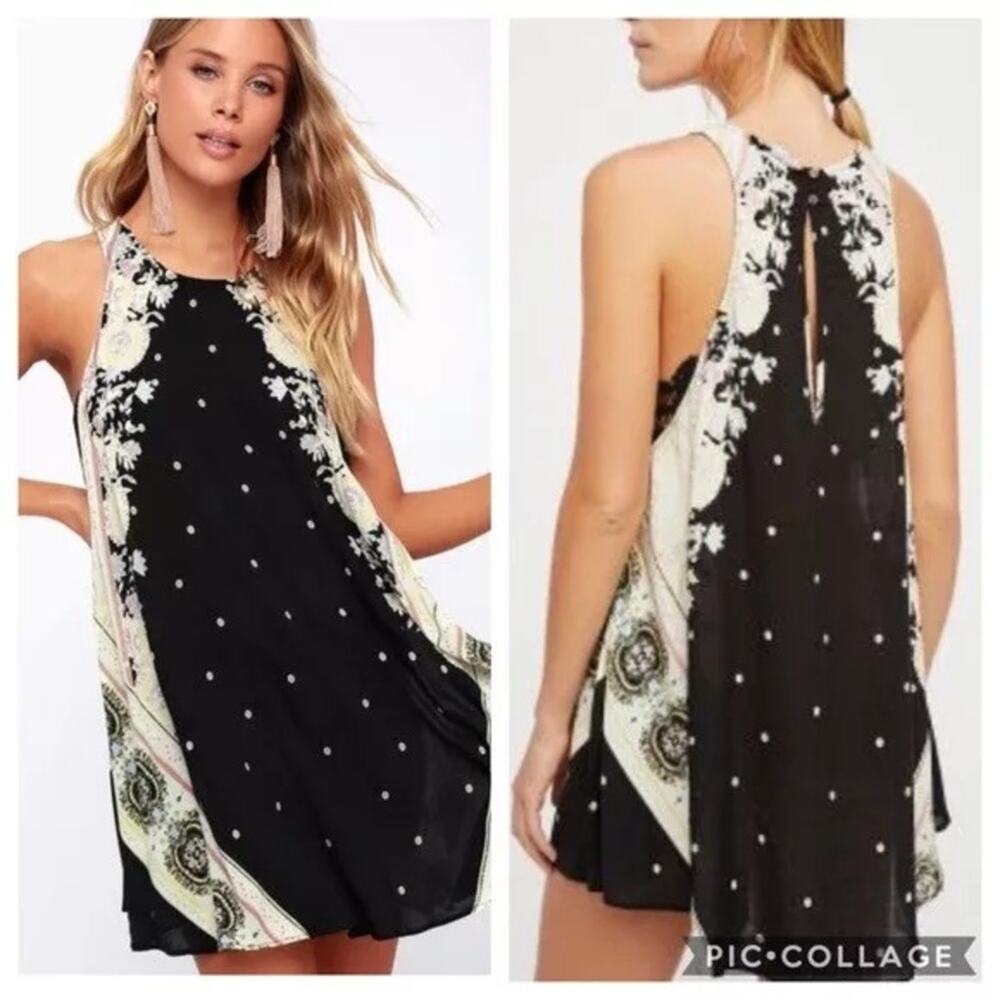 Intimately Free People Darjeeling Black Floral Printed Lace Panel Swing Dress